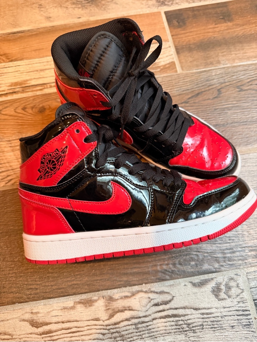 Nike Air Jordan 1 Mid Patent Leather Black and Red Sneakers